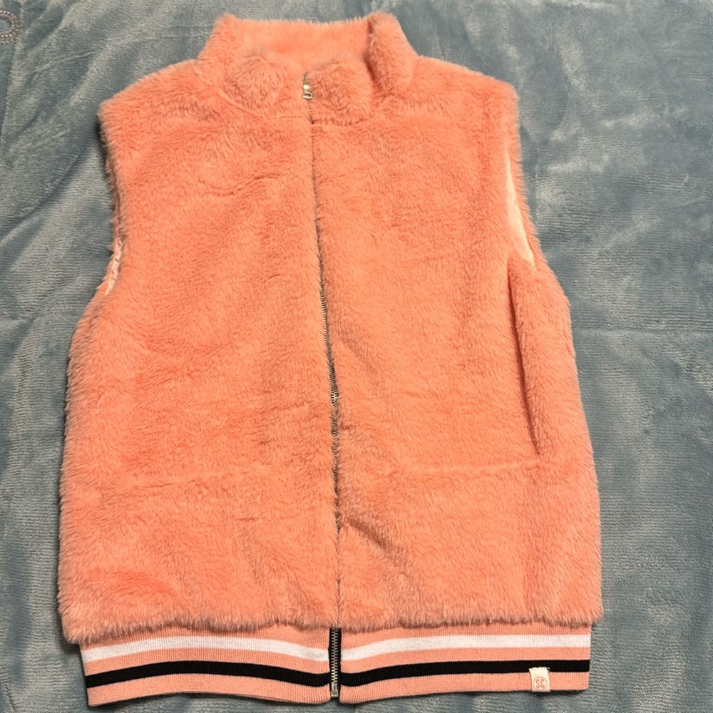 Fuzzy Pink Vest with Striped Hem